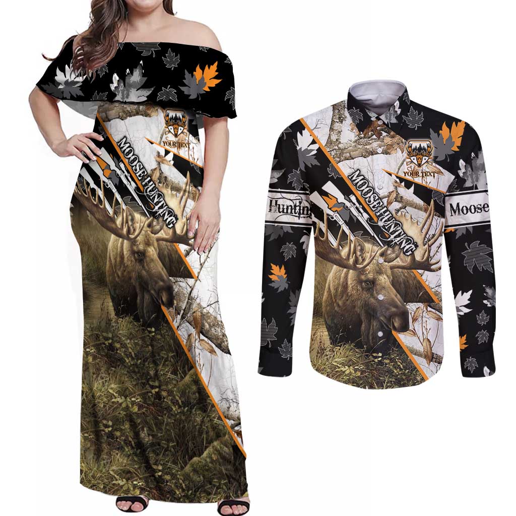 Personalized Moose Hunting Couples Matching Off Shoulder Maxi Dress and Long Sleeve Button Shirt Autumn Wilderness Adventure Camo