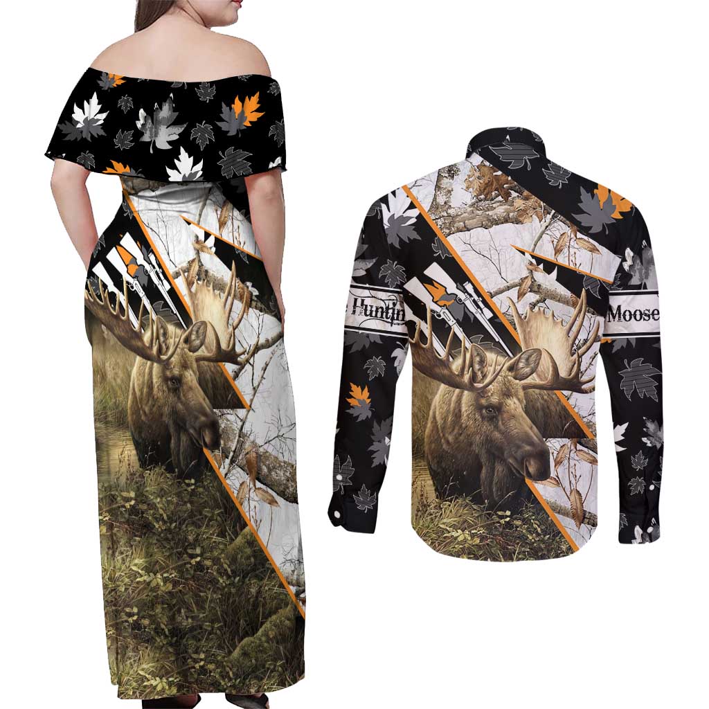 Personalized Moose Hunting Couples Matching Off Shoulder Maxi Dress and Long Sleeve Button Shirt Autumn Wilderness Adventure Camo