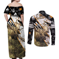 Personalized Moose Hunting Couples Matching Off Shoulder Maxi Dress and Long Sleeve Button Shirt Autumn Wilderness Adventure Camo