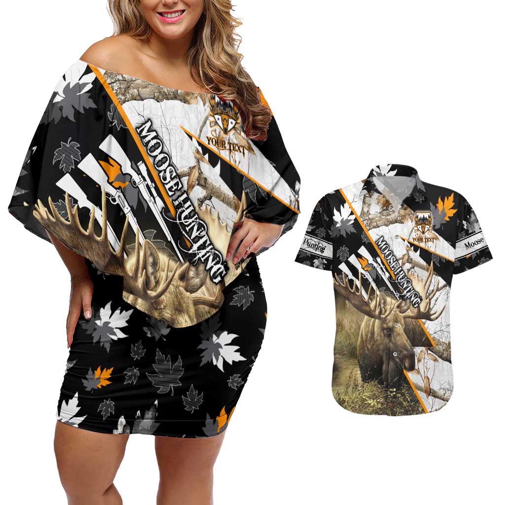 Personalized Moose Hunting Couples Matching Off Shoulder Short Dress and Hawaiian Shirt Autumn Wilderness Adventure Camo