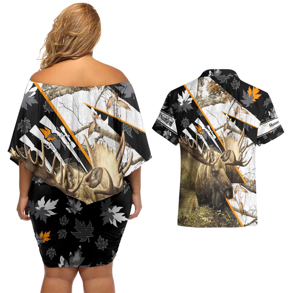 Personalized Moose Hunting Couples Matching Off Shoulder Short Dress and Hawaiian Shirt Autumn Wilderness Adventure Camo