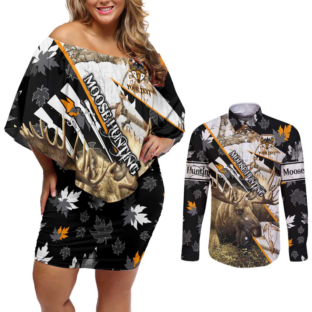 Personalized Moose Hunting Couples Matching Off Shoulder Short Dress and Long Sleeve Button Shirt Autumn Wilderness Adventure Camo