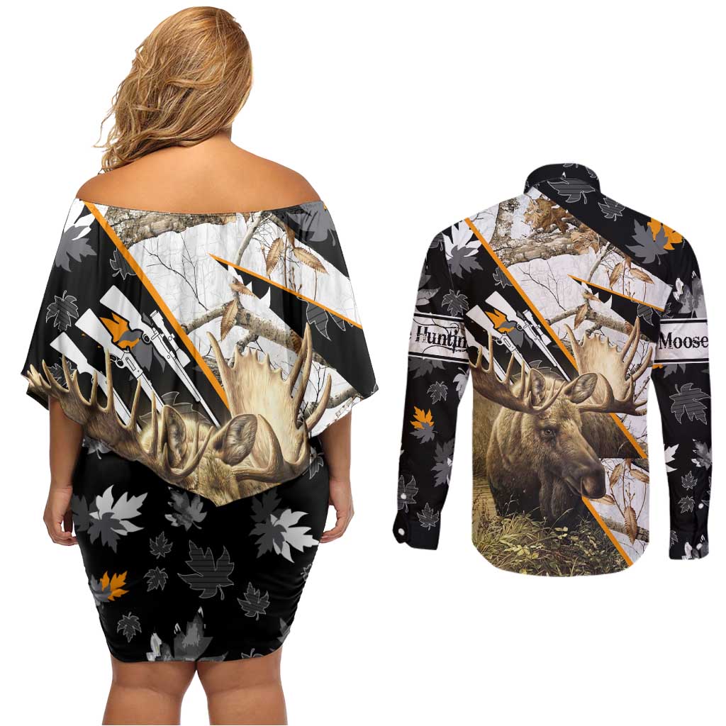 Personalized Moose Hunting Couples Matching Off Shoulder Short Dress and Long Sleeve Button Shirt Autumn Wilderness Adventure Camo