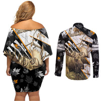Personalized Moose Hunting Couples Matching Off Shoulder Short Dress and Long Sleeve Button Shirt Autumn Wilderness Adventure Camo