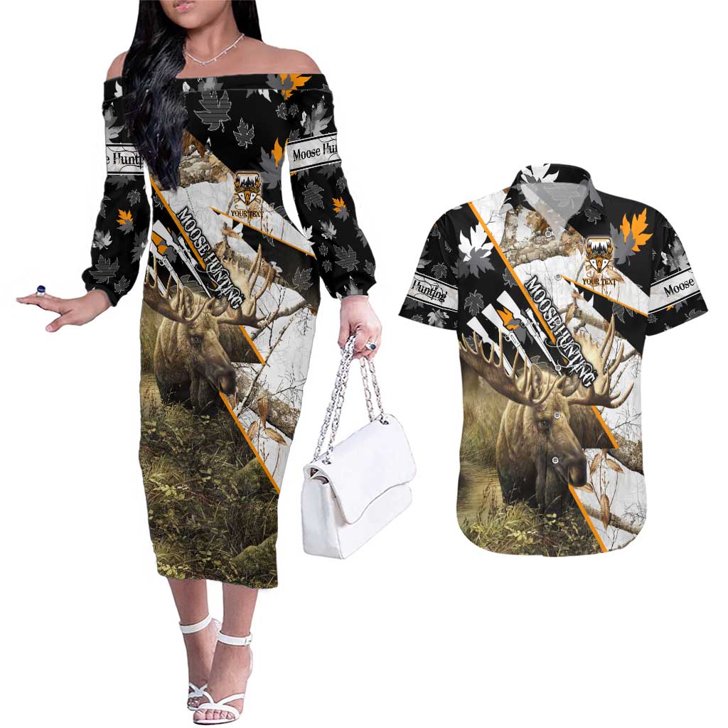 Personalized Moose Hunting Couples Matching Off The Shoulder Long Sleeve Dress and Hawaiian Shirt Autumn Wilderness Adventure Camo