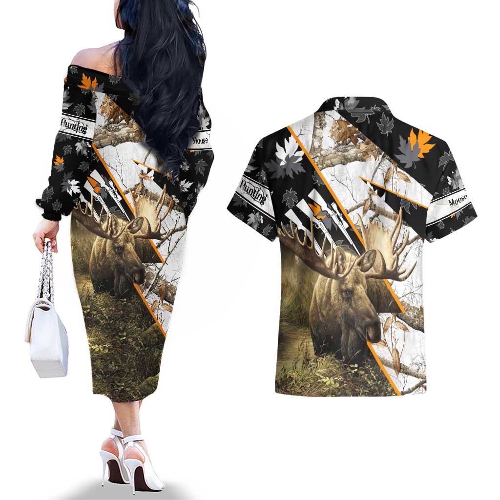 Personalized Moose Hunting Couples Matching Off The Shoulder Long Sleeve Dress and Hawaiian Shirt Autumn Wilderness Adventure Camo