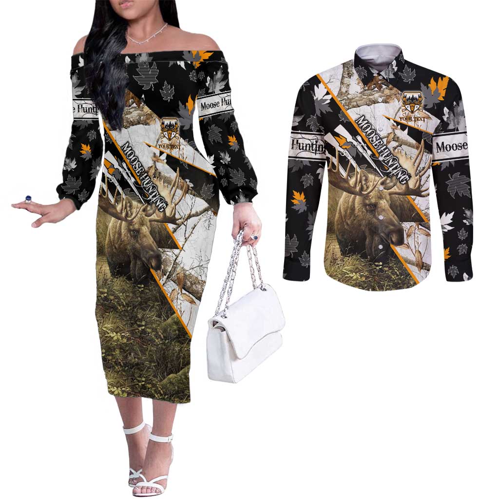 Personalized Moose Hunting Couples Matching Off The Shoulder Long Sleeve Dress and Long Sleeve Button Shirt Autumn Wilderness Adventure Camo