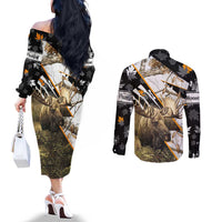 Personalized Moose Hunting Couples Matching Off The Shoulder Long Sleeve Dress and Long Sleeve Button Shirt Autumn Wilderness Adventure Camo