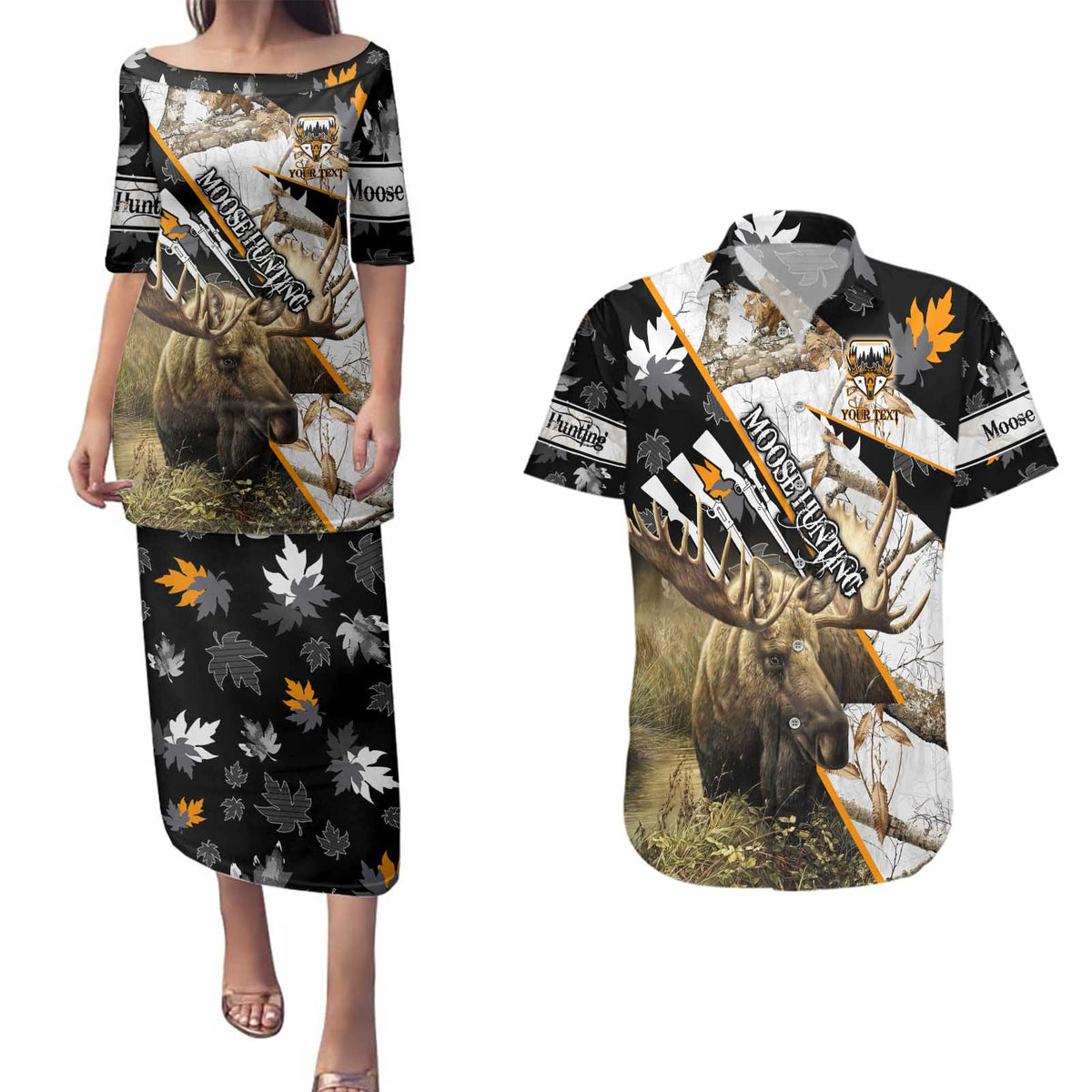 Personalized Moose Hunting Couples Matching Puletasi and Hawaiian Shirt Autumn Wilderness Adventure Camo