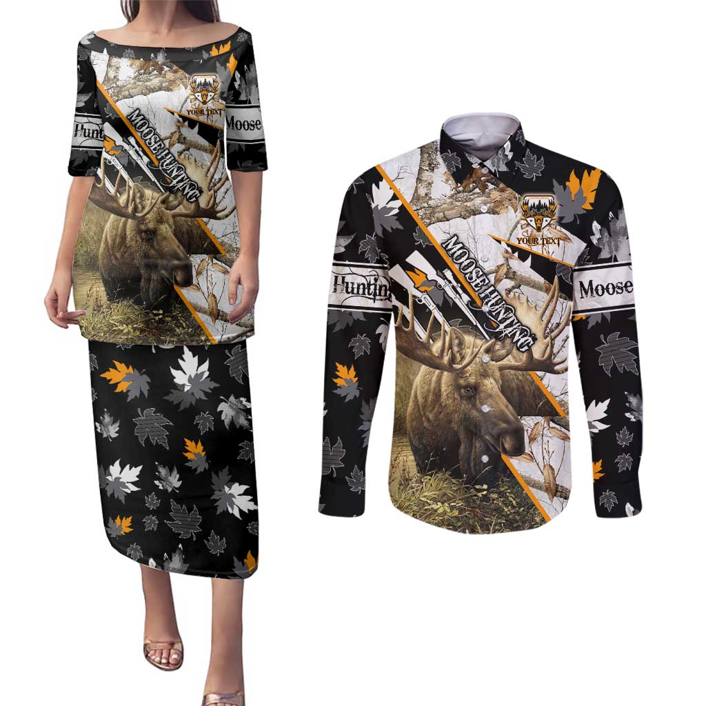 Personalized Moose Hunting Couples Matching Puletasi and Long Sleeve Button Shirt Autumn Wilderness Adventure Camo