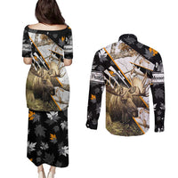 Personalized Moose Hunting Couples Matching Puletasi and Long Sleeve Button Shirt Autumn Wilderness Adventure Camo