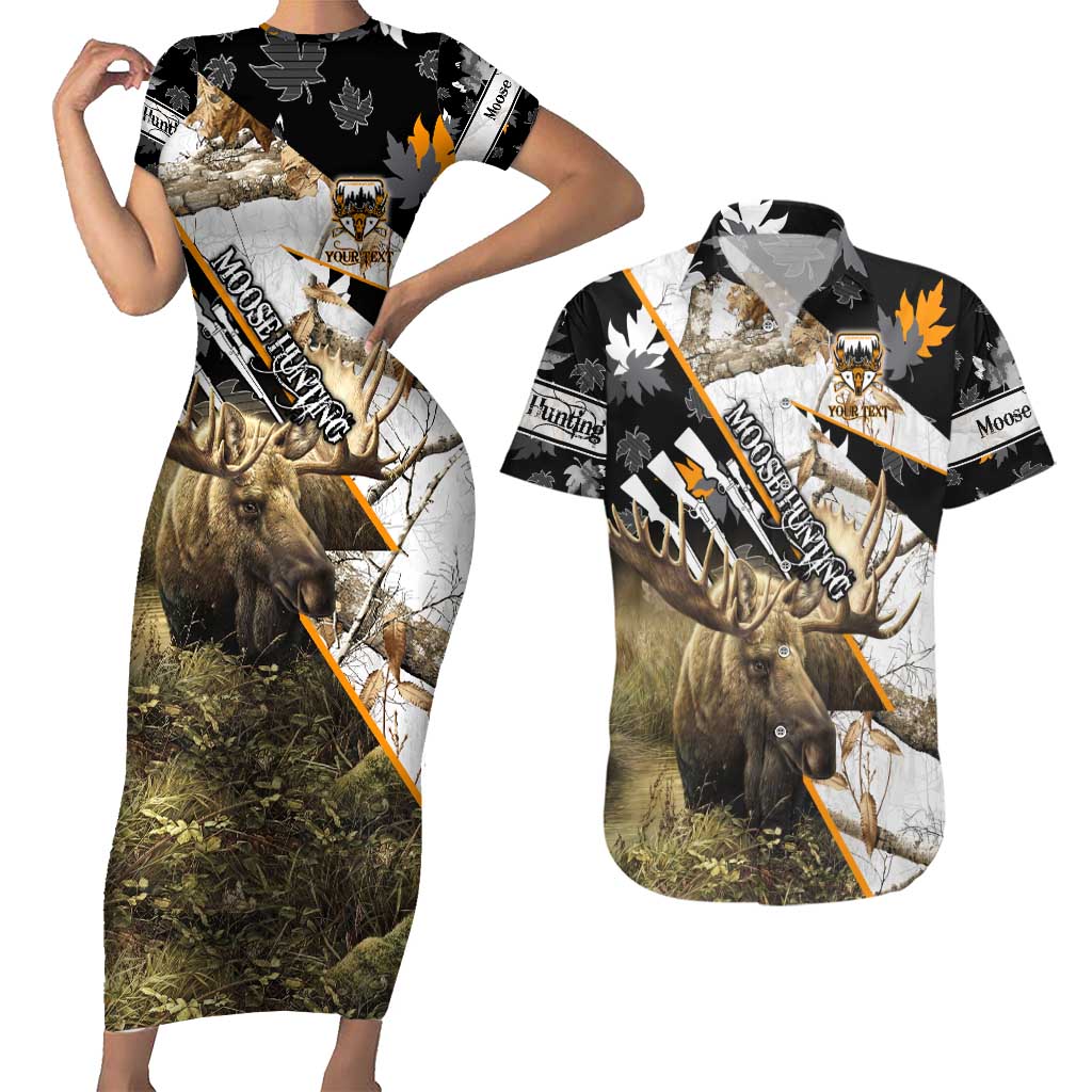 Personalized Moose Hunting Couples Matching Short Sleeve Bodycon Dress and Hawaiian Shirt Autumn Wilderness Adventure Camo