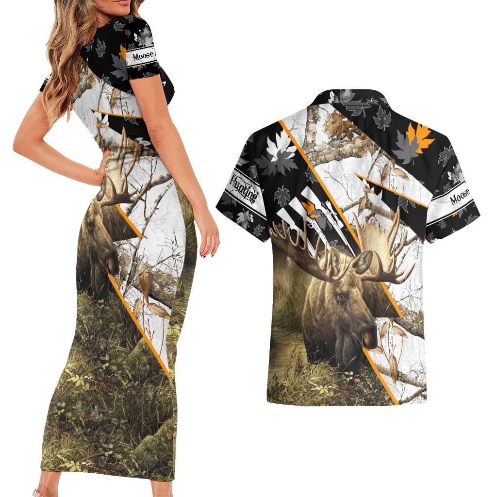 Personalized Moose Hunting Couples Matching Short Sleeve Bodycon Dress and Hawaiian Shirt Autumn Wilderness Adventure Camo