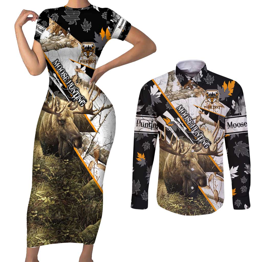 Personalized Moose Hunting Couples Matching Short Sleeve Bodycon Dress and Long Sleeve Button Shirt Autumn Wilderness Adventure Camo