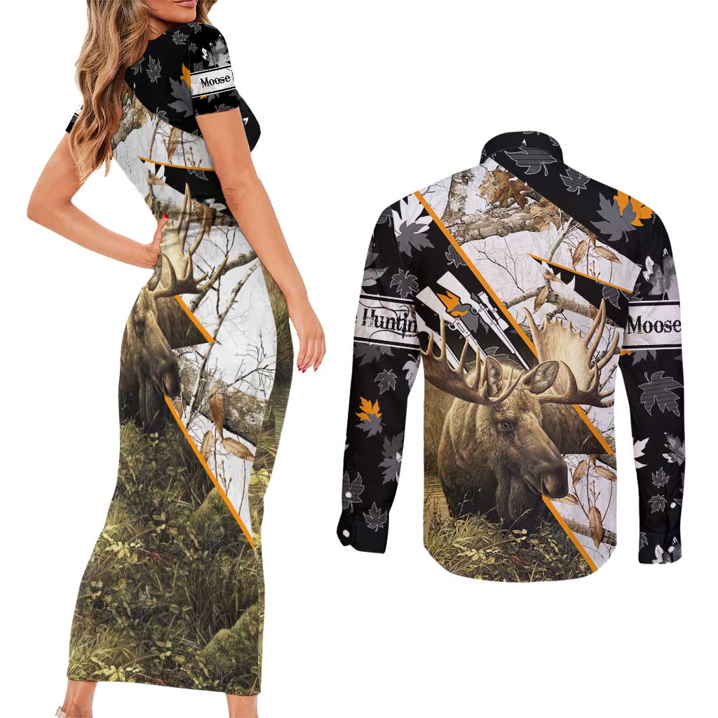 Personalized Moose Hunting Couples Matching Short Sleeve Bodycon Dress and Long Sleeve Button Shirt Autumn Wilderness Adventure Camo
