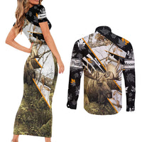 Personalized Moose Hunting Couples Matching Short Sleeve Bodycon Dress and Long Sleeve Button Shirt Autumn Wilderness Adventure Camo
