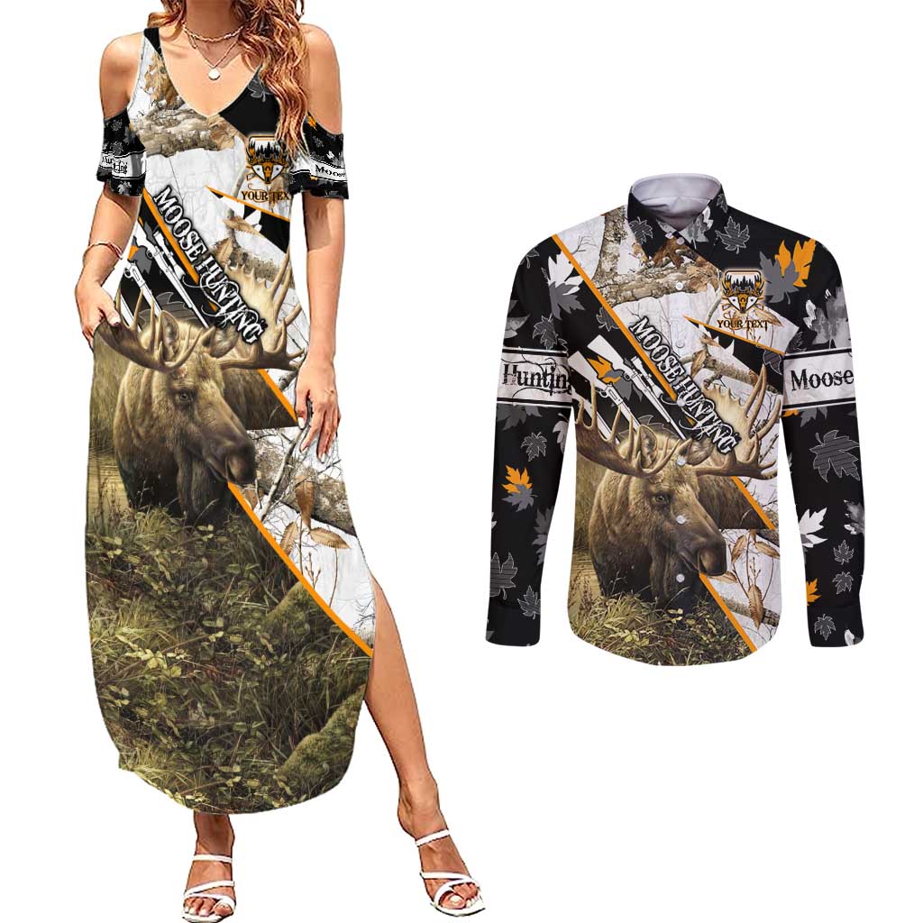 Personalized Moose Hunting Couples Matching Summer Maxi Dress and Long Sleeve Button Shirt Autumn Wilderness Adventure Camo