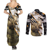 Personalized Moose Hunting Couples Matching Summer Maxi Dress and Long Sleeve Button Shirt Autumn Wilderness Adventure Camo