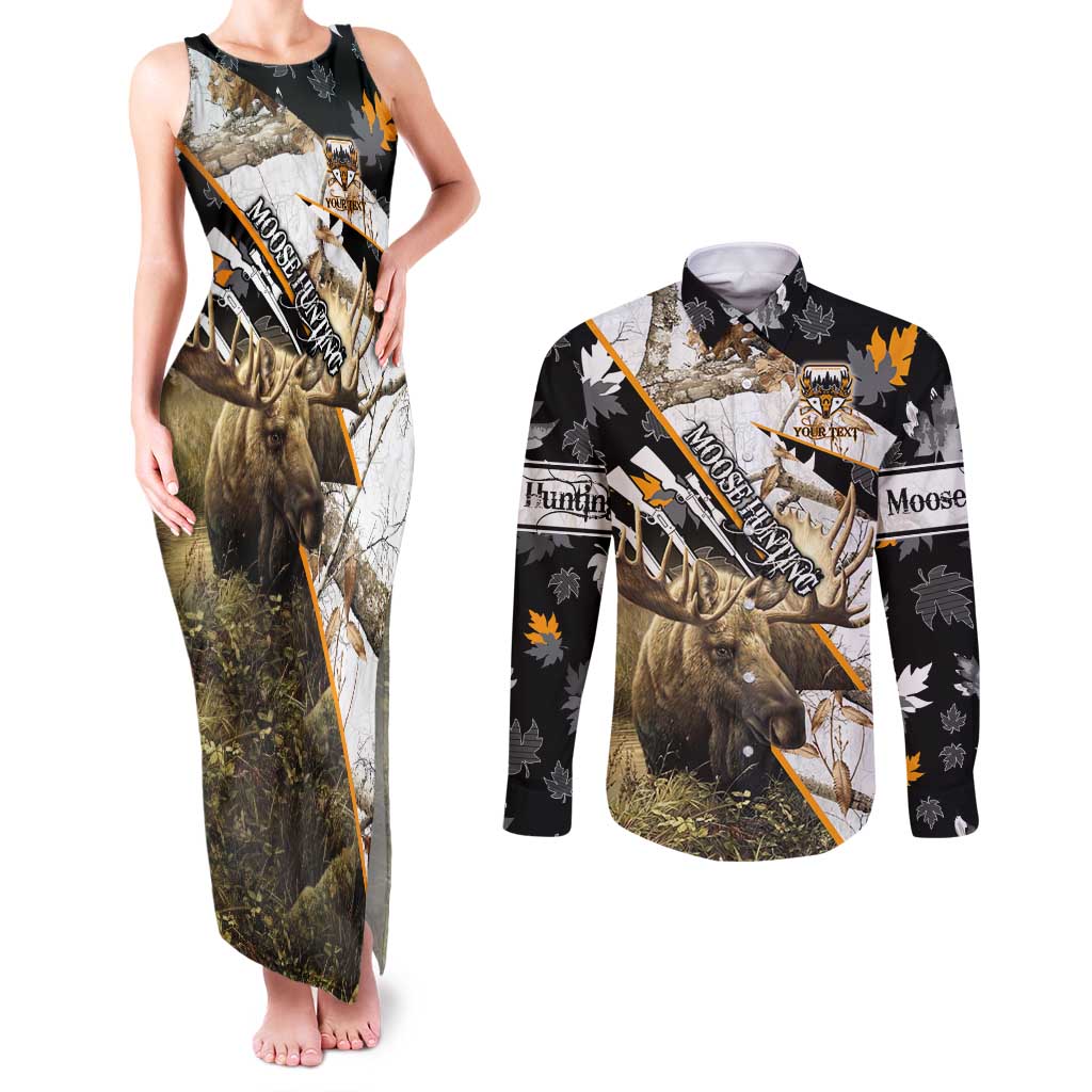 Personalized Moose Hunting Couples Matching Tank Maxi Dress and Long Sleeve Button Shirt Autumn Wilderness Adventure Camo