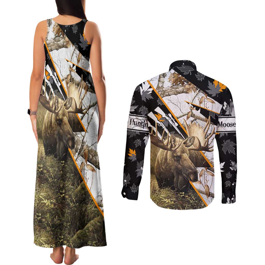 Personalized Moose Hunting Couples Matching Tank Maxi Dress and Long Sleeve Button Shirt Autumn Wilderness Adventure Camo