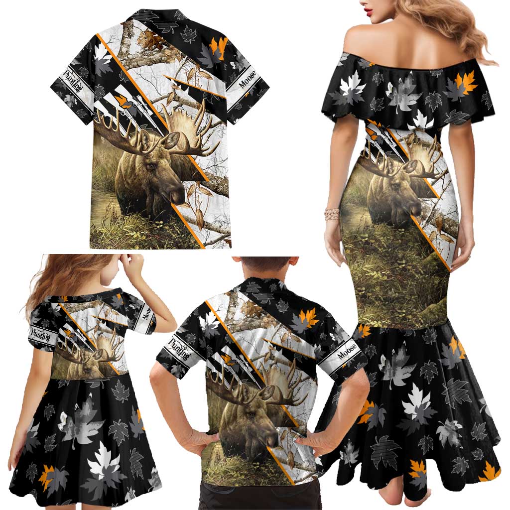 Personalized Moose Hunting Family Matching Mermaid Dress and Hawaiian Shirt Autumn Wilderness Adventure Camo