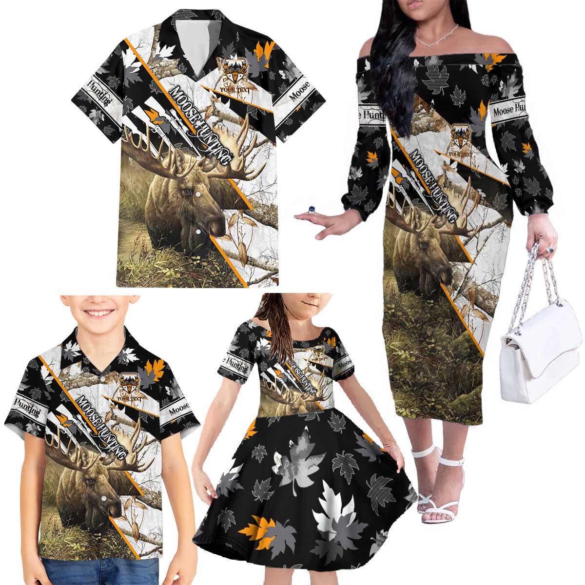 Personalized Moose Hunting Family Matching Off The Shoulder Long Sleeve Dress and Hawaiian Shirt Autumn Wilderness Adventure Camo
