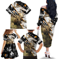 Personalized Moose Hunting Family Matching Off The Shoulder Long Sleeve Dress and Hawaiian Shirt Autumn Wilderness Adventure Camo