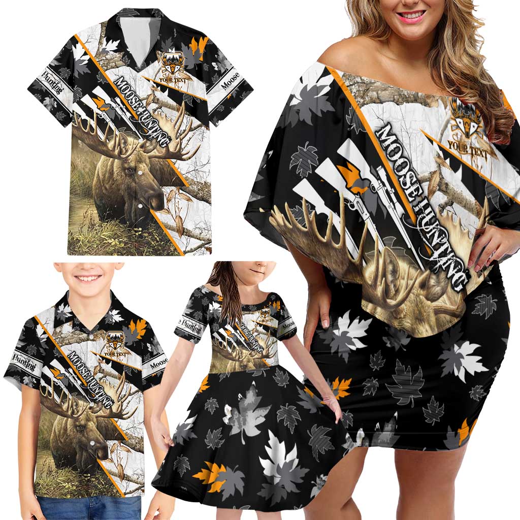 Personalized Moose Hunting Family Matching Off Shoulder Short Dress and Hawaiian Shirt Autumn Wilderness Adventure Camo