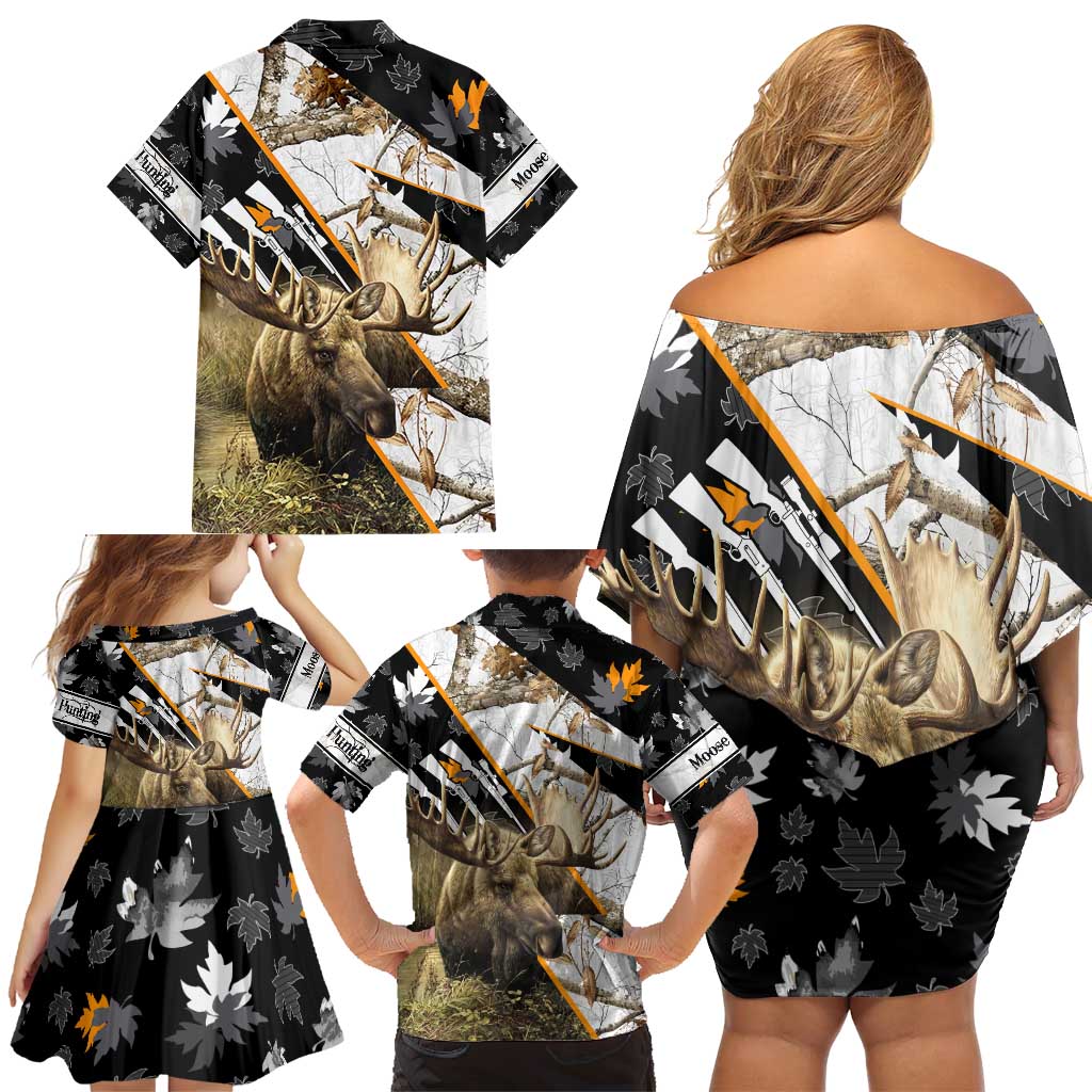 Personalized Moose Hunting Family Matching Off Shoulder Short Dress and Hawaiian Shirt Autumn Wilderness Adventure Camo