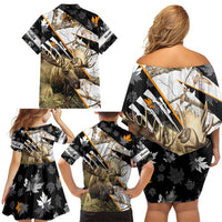 Personalized Moose Hunting Family Matching Off Shoulder Short Dress and Hawaiian Shirt Autumn Wilderness Adventure Camo