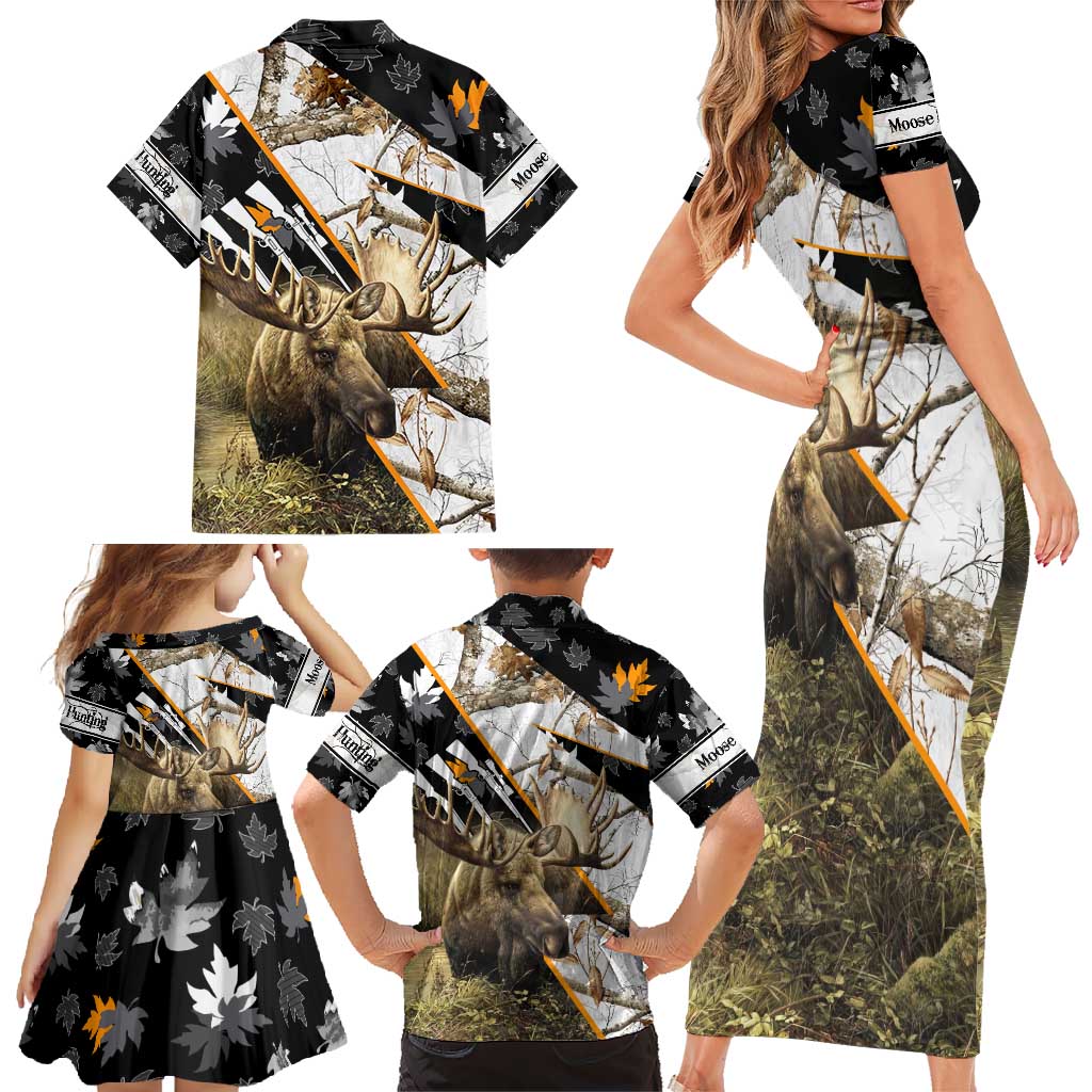 Personalized Moose Hunting Family Matching Short Sleeve Bodycon Dress and Hawaiian Shirt Autumn Wilderness Adventure Camo