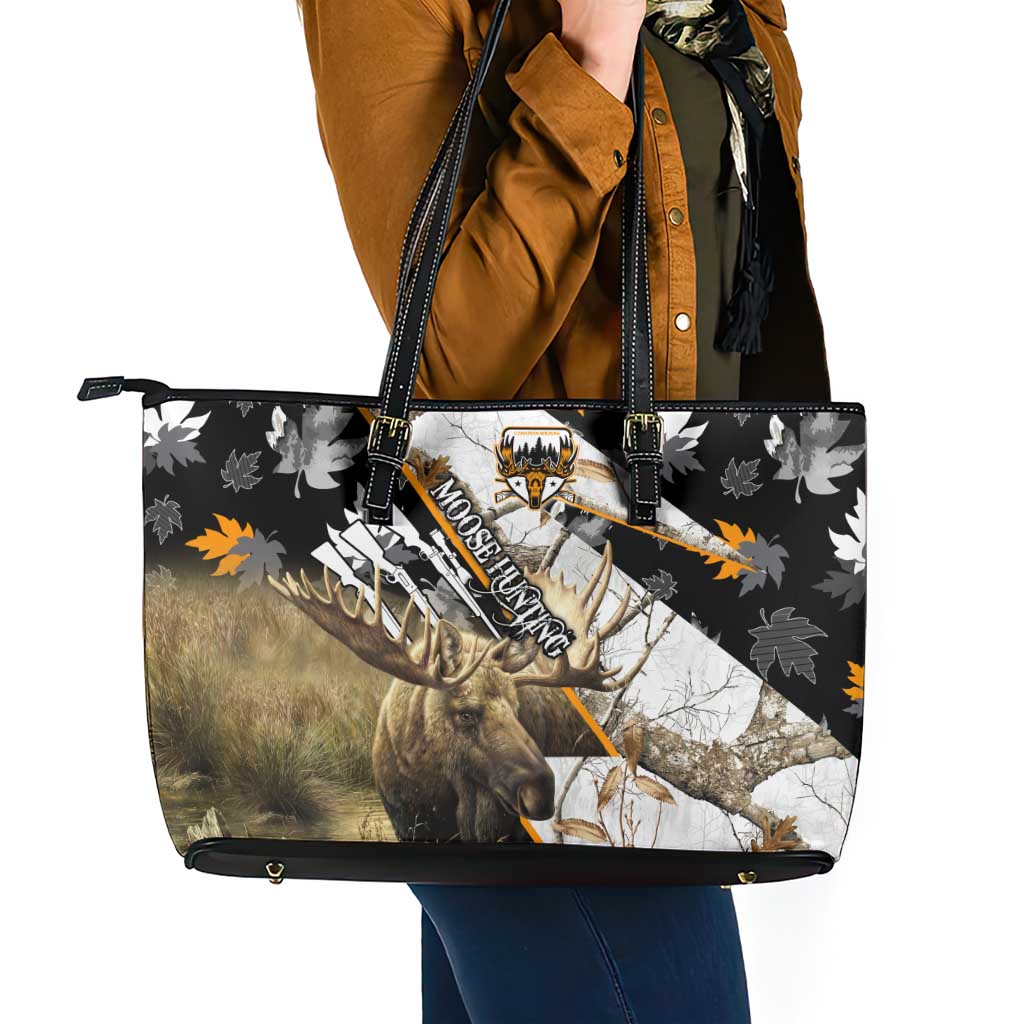 Moose Hunting Leather Tote Bag Autumn Wilderness Adventure Camo