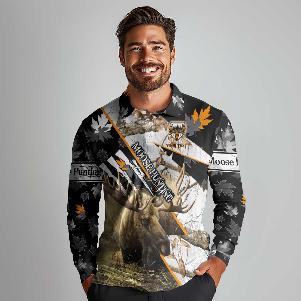 Personalized Moose Hunting Long Sleeve Polo Shirt Autumn Wilderness Adventure Camo