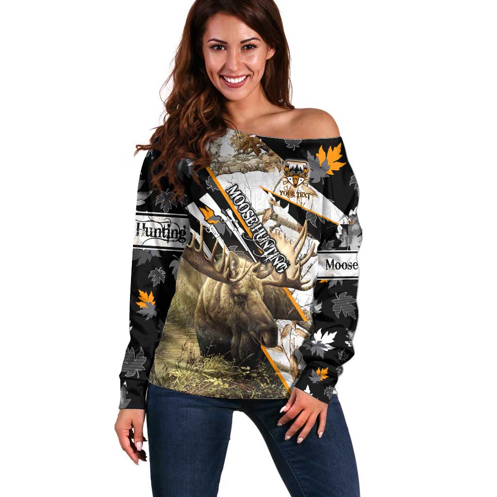 Personalized Moose Hunting Off Shoulder Sweater Autumn Wilderness Adventure Camo