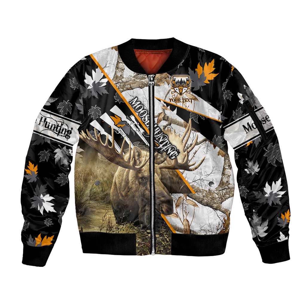 Personalized Moose Hunting Sleeve Zip Bomber Jacket Autumn Wilderness Adventure Camo