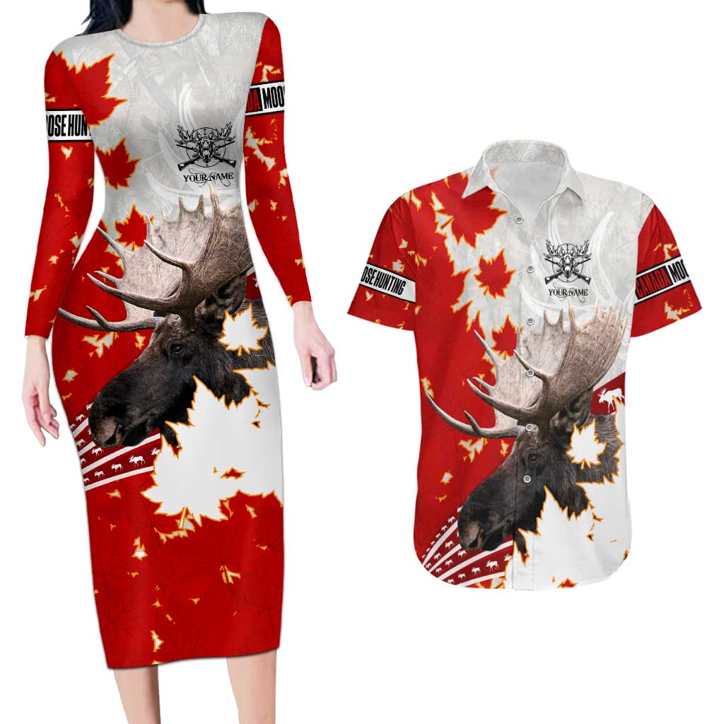 Moose Hunting Couples Matching Long Sleeve Bodycon Dress and Hawaiian Shirt Canada Maple Leaf