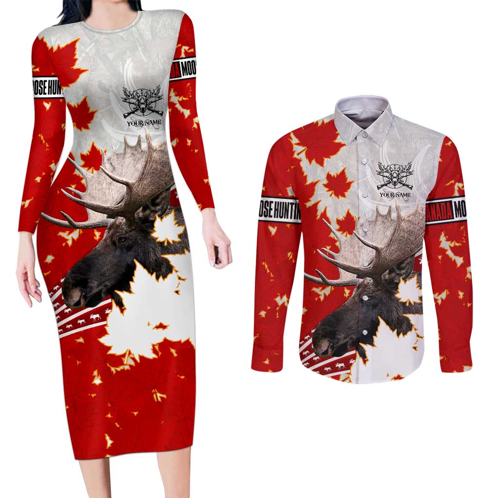 Moose Hunting Couples Matching Long Sleeve Bodycon Dress and Long Sleeve Button Shirt Canada Maple Leaf