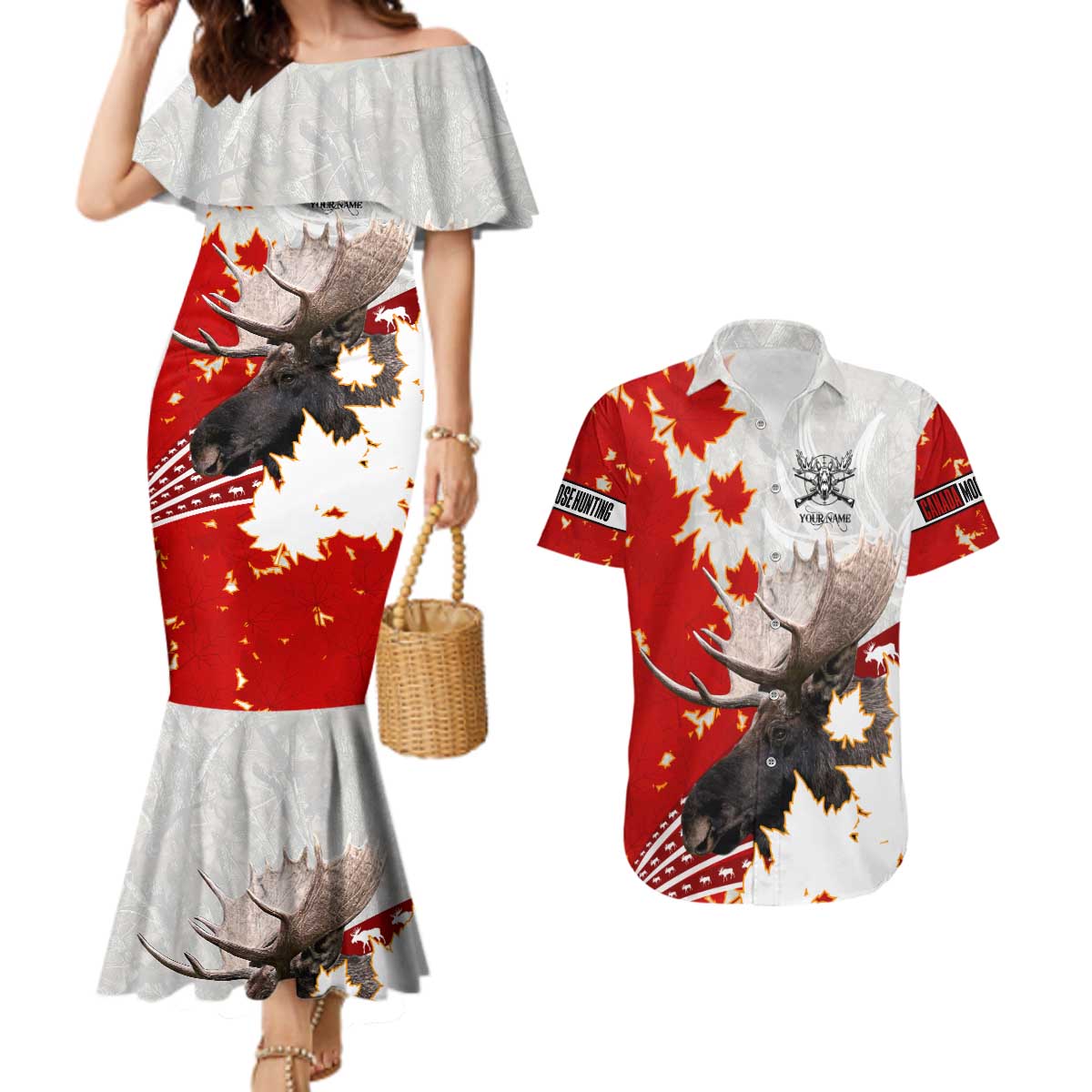 Moose Hunting Couples Matching Mermaid Dress and Hawaiian Shirt Canada Maple Leaf