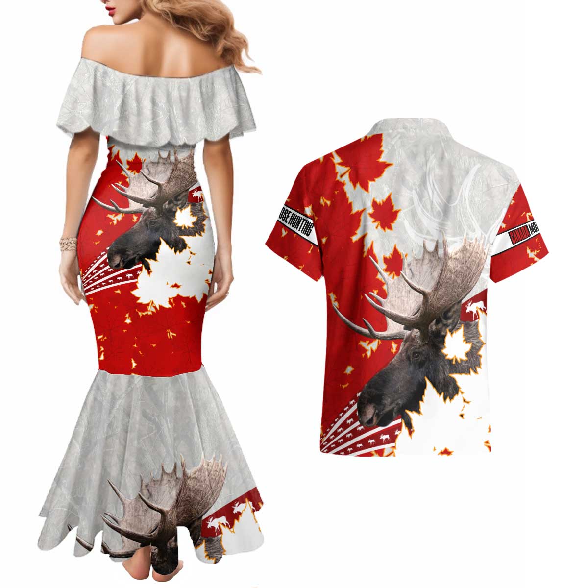 Moose Hunting Couples Matching Mermaid Dress and Hawaiian Shirt Canada Maple Leaf
