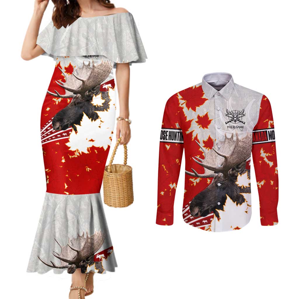 Moose Hunting Couples Matching Mermaid Dress and Long Sleeve Button Shirt Canada Maple Leaf