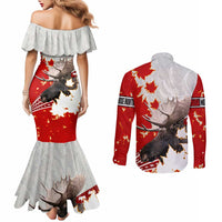 Moose Hunting Couples Matching Mermaid Dress and Long Sleeve Button Shirt Canada Maple Leaf