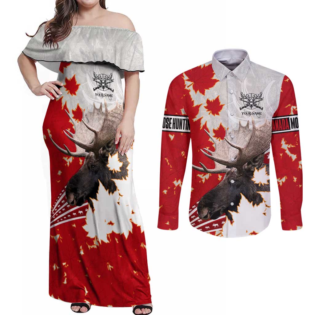 Moose Hunting Couples Matching Off Shoulder Maxi Dress and Long Sleeve Button Shirt Canada Maple Leaf
