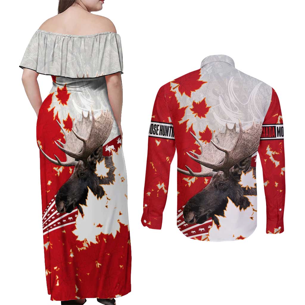 Moose Hunting Couples Matching Off Shoulder Maxi Dress and Long Sleeve Button Shirt Canada Maple Leaf