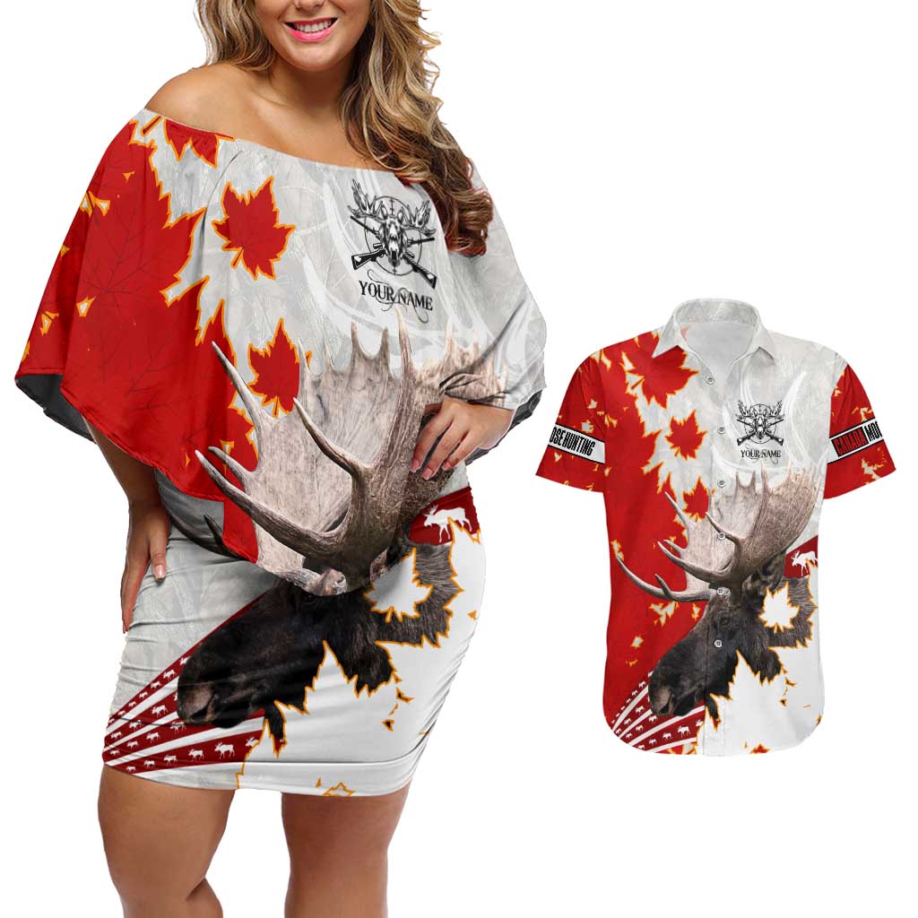 Moose Hunting Couples Matching Off Shoulder Short Dress and Hawaiian Shirt Canada Maple Leaf
