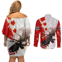 Moose Hunting Couples Matching Off Shoulder Short Dress and Long Sleeve Button Shirt Canada Maple Leaf