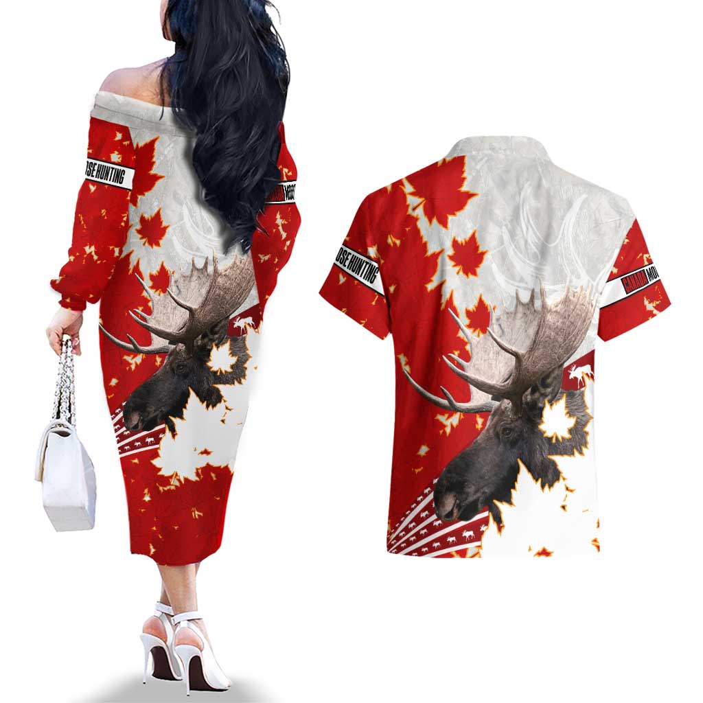 Moose Hunting Couples Matching Off The Shoulder Long Sleeve Dress and Hawaiian Shirt Canada Maple Leaf