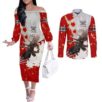 Moose Hunting Couples Matching Off The Shoulder Long Sleeve Dress and Long Sleeve Button Shirt Canada Maple Leaf