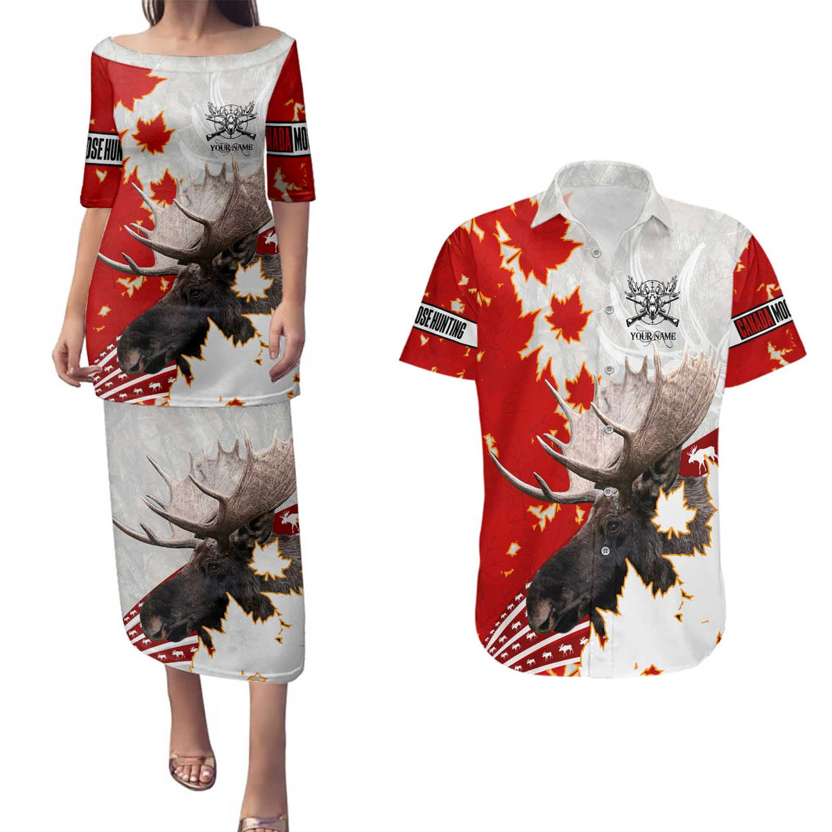 Moose Hunting Couples Matching Puletasi and Hawaiian Shirt Canada Maple Leaf