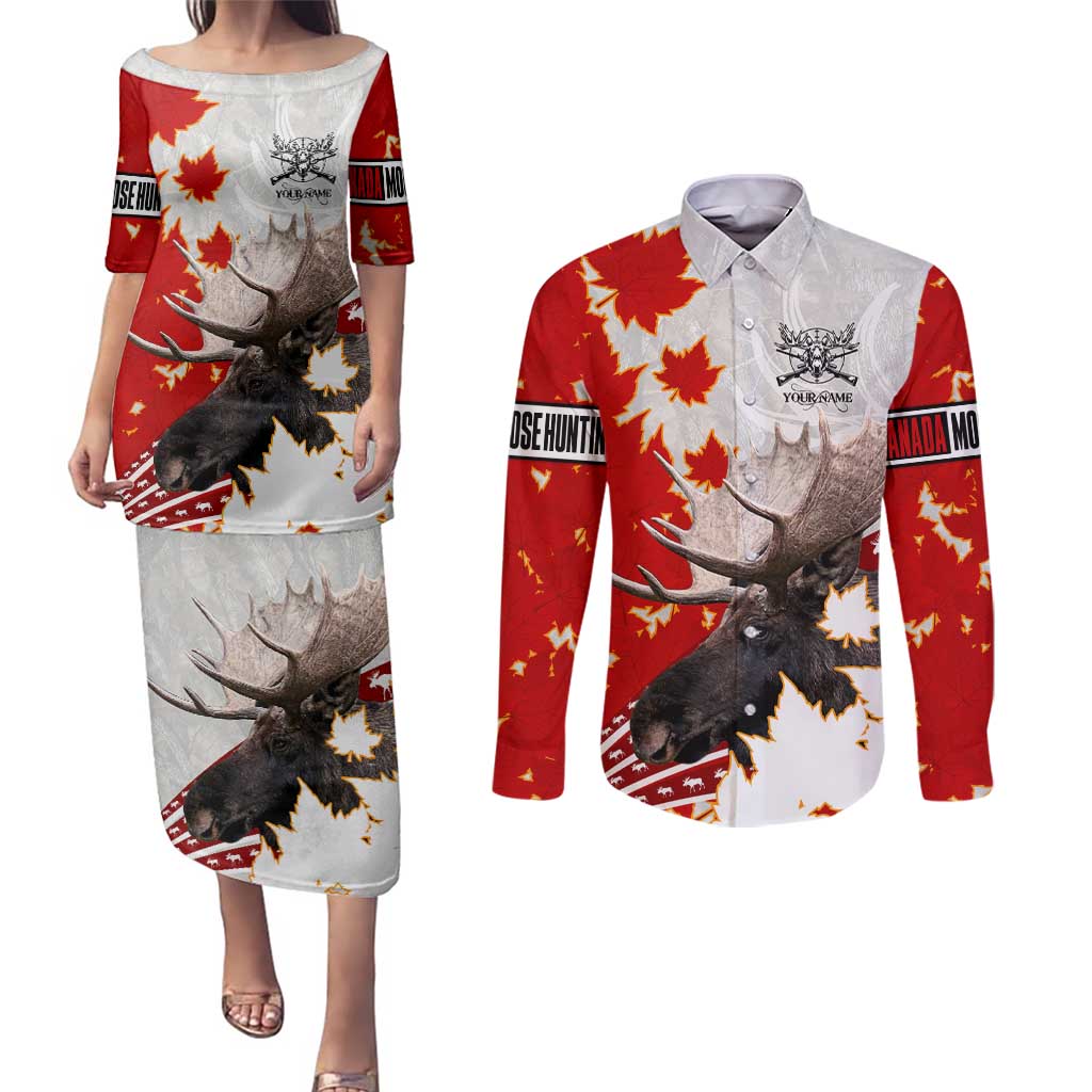 Moose Hunting Couples Matching Puletasi and Long Sleeve Button Shirt Canada Maple Leaf