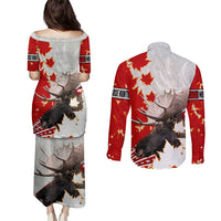 Moose Hunting Couples Matching Puletasi and Long Sleeve Button Shirt Canada Maple Leaf